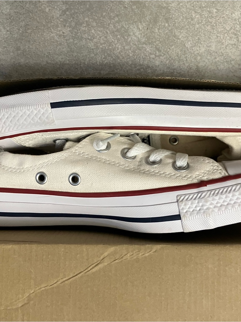 Converse Low-Top Canvas Sneakers in Off-White with Red & Navy Stripes